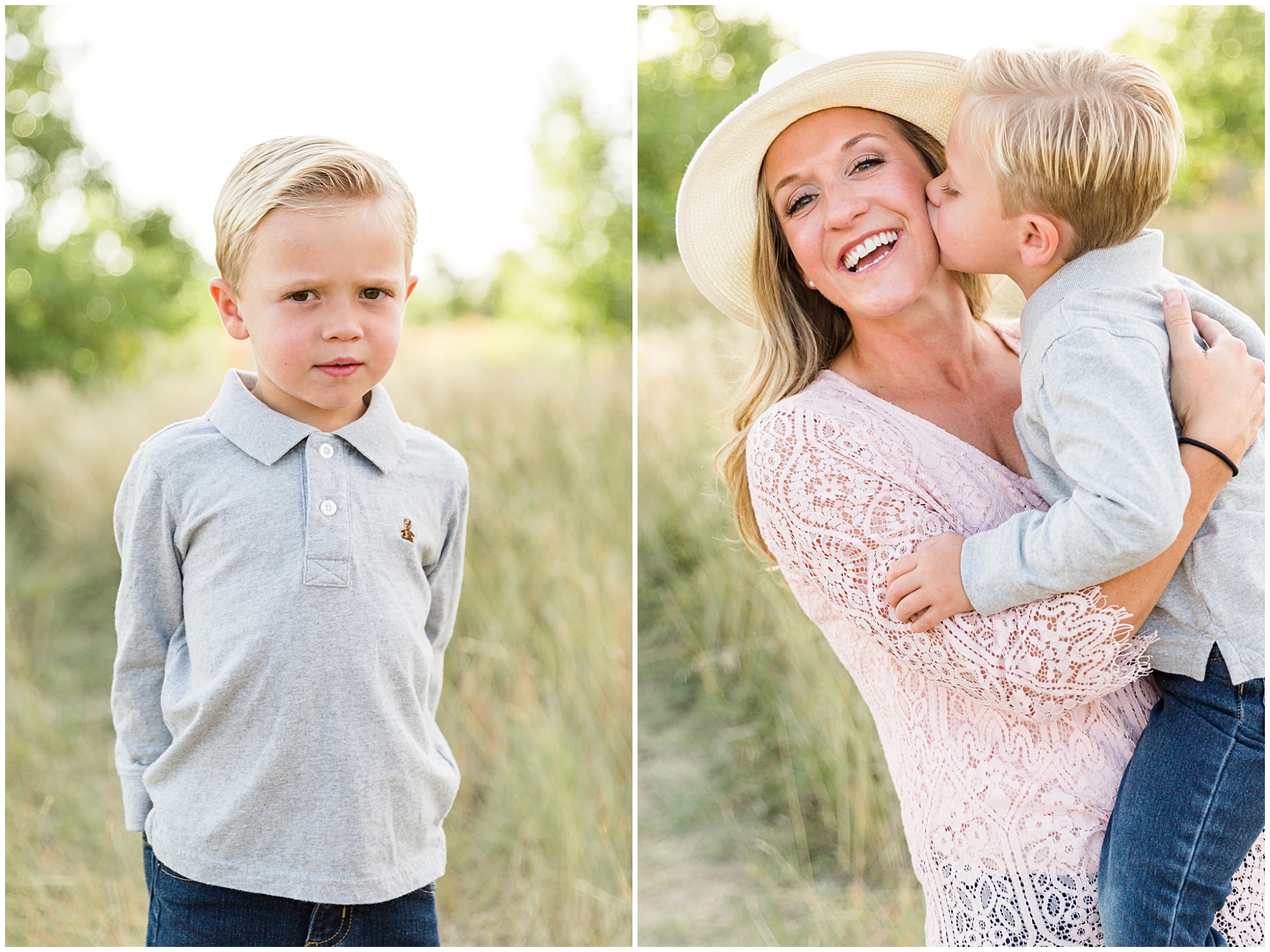 Photo of a young boy kissing his mother's cheek in a field during a fall mini photography session in Erie Colorado