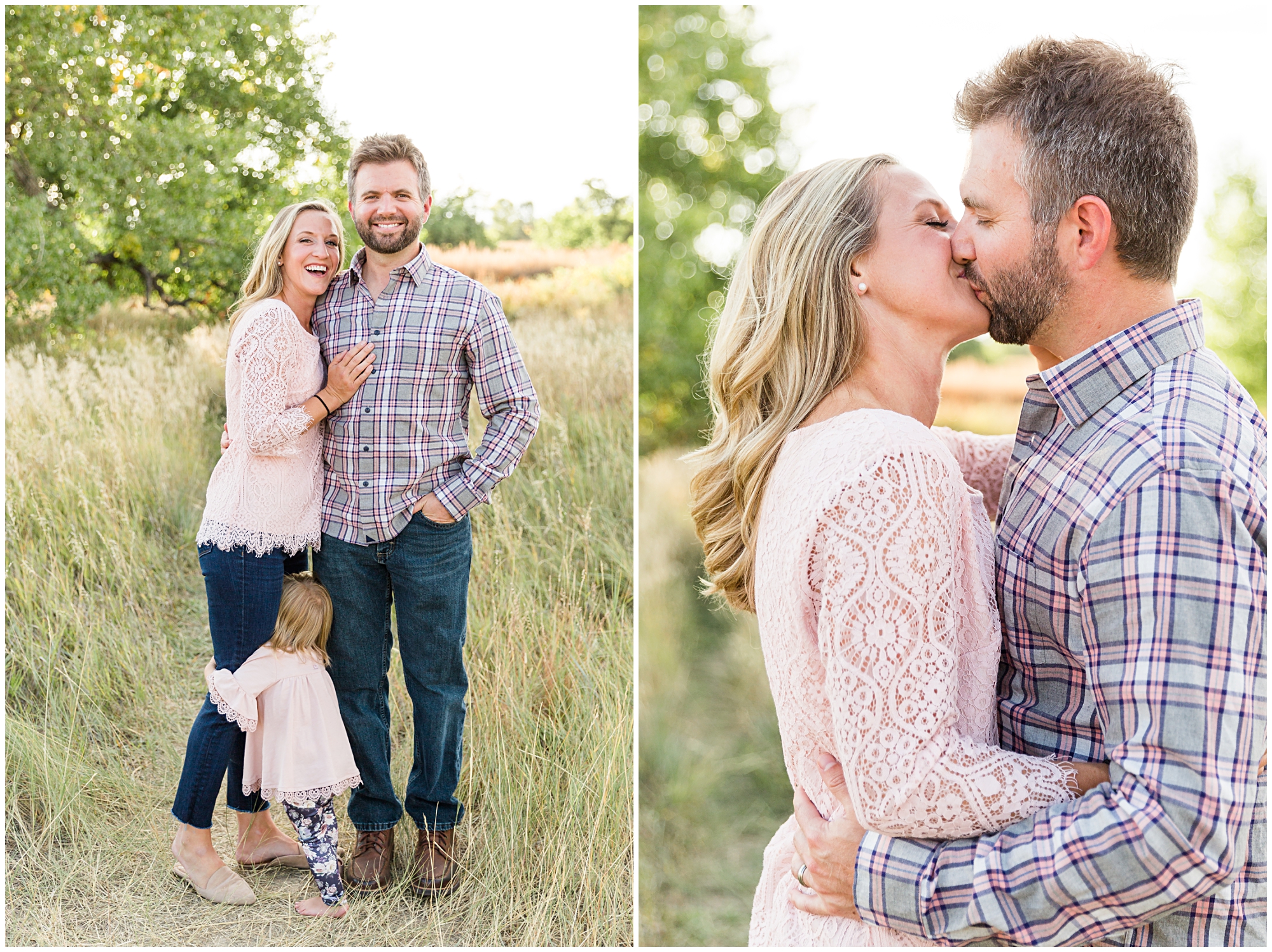 Photo of a husband and wife embracing in a field during a fall mini photography session in Erie Colorado