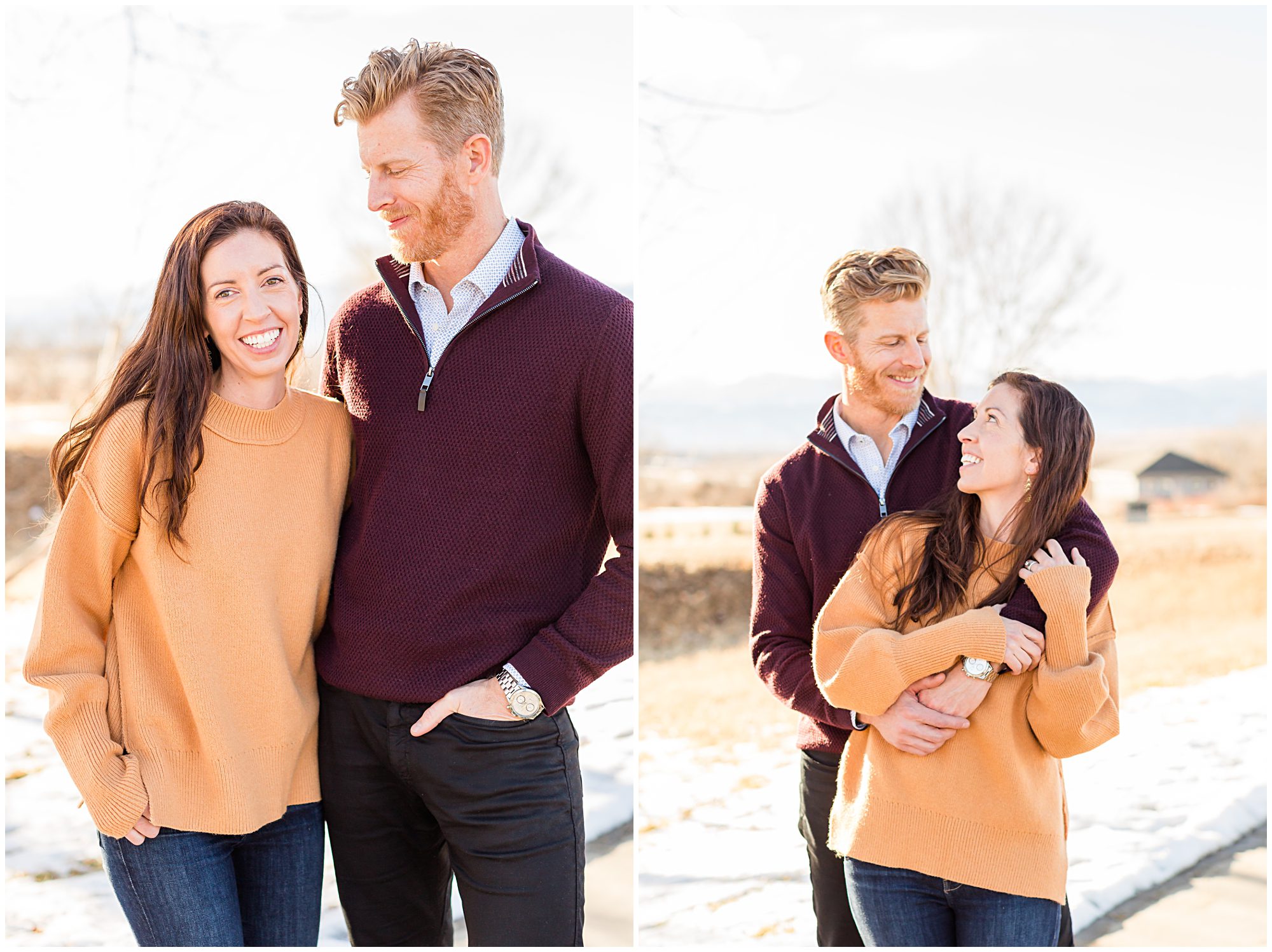 A husband and wife share a joyful moment during an outdoor family portrait session in Erie Colorado