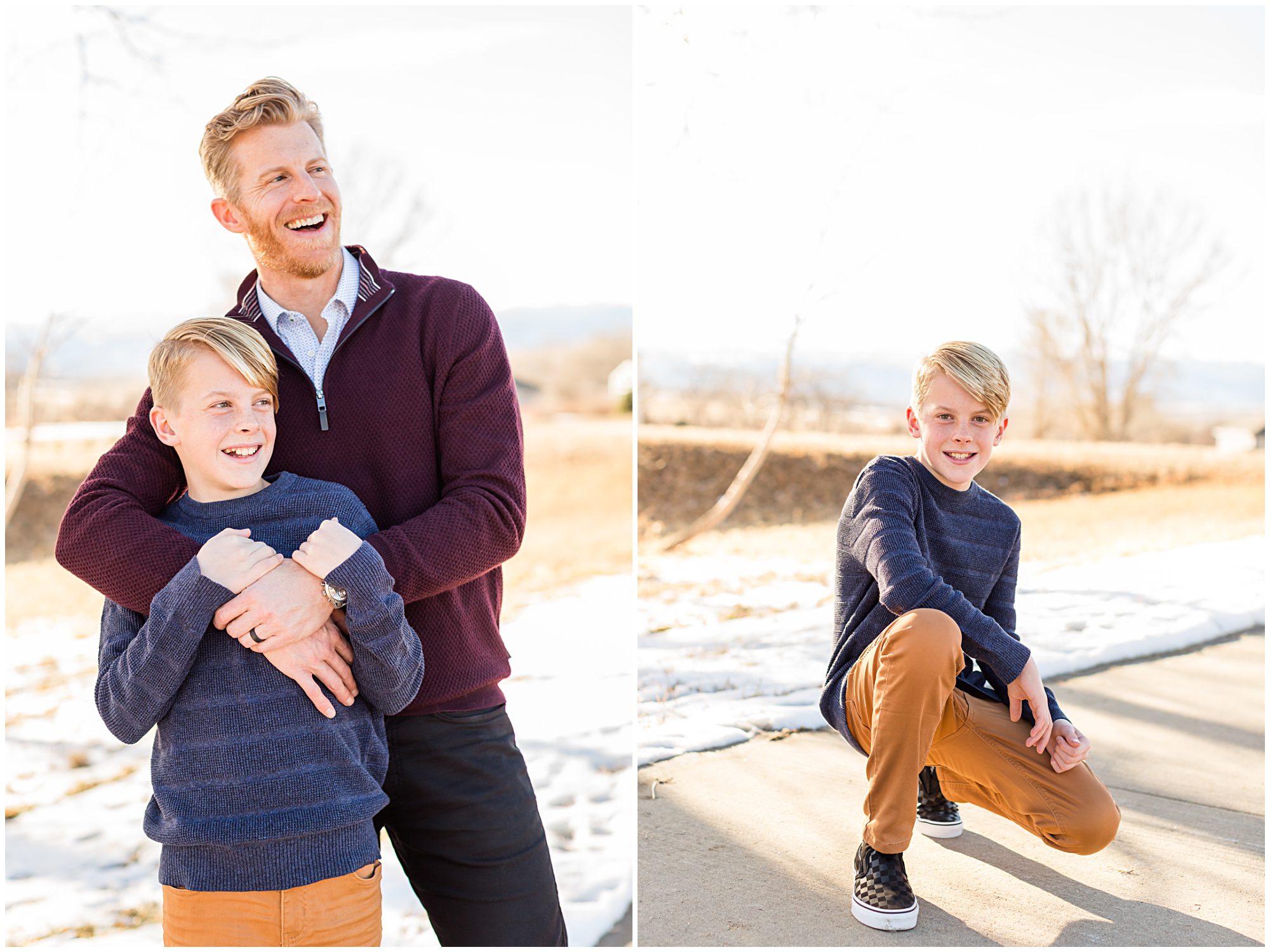 A father and son laugh off camera during an outdoor family session in Erie Colorado