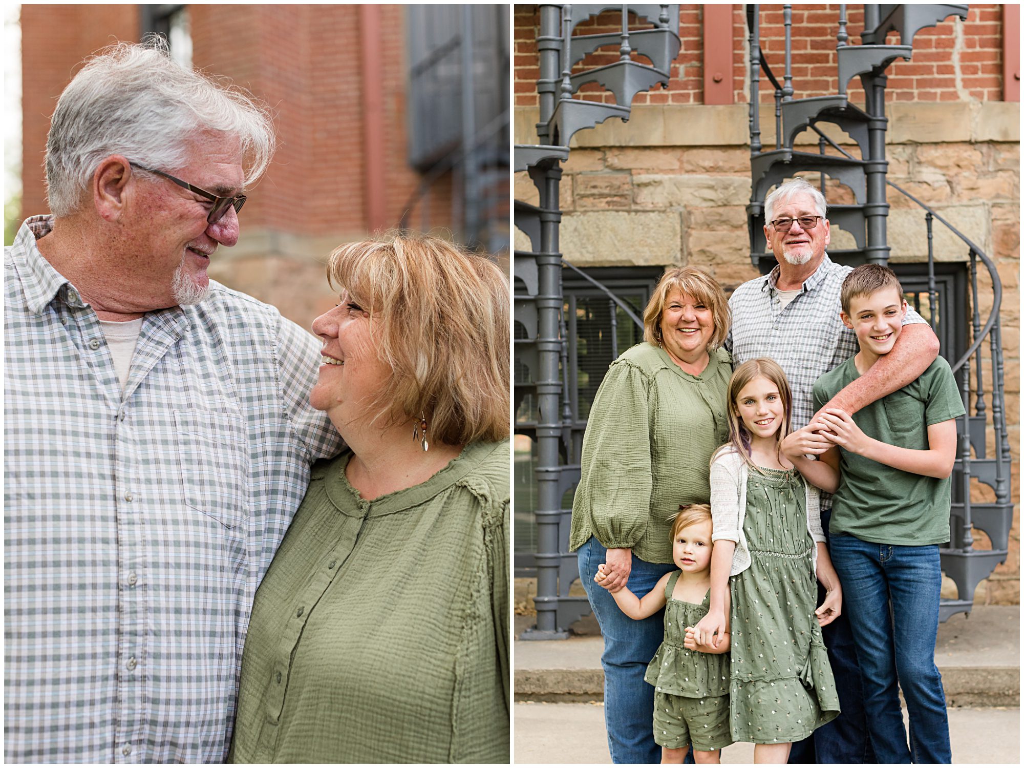 Grandparents pose with their grandkids in front of curved iron staircases during a family photo session in Boulder