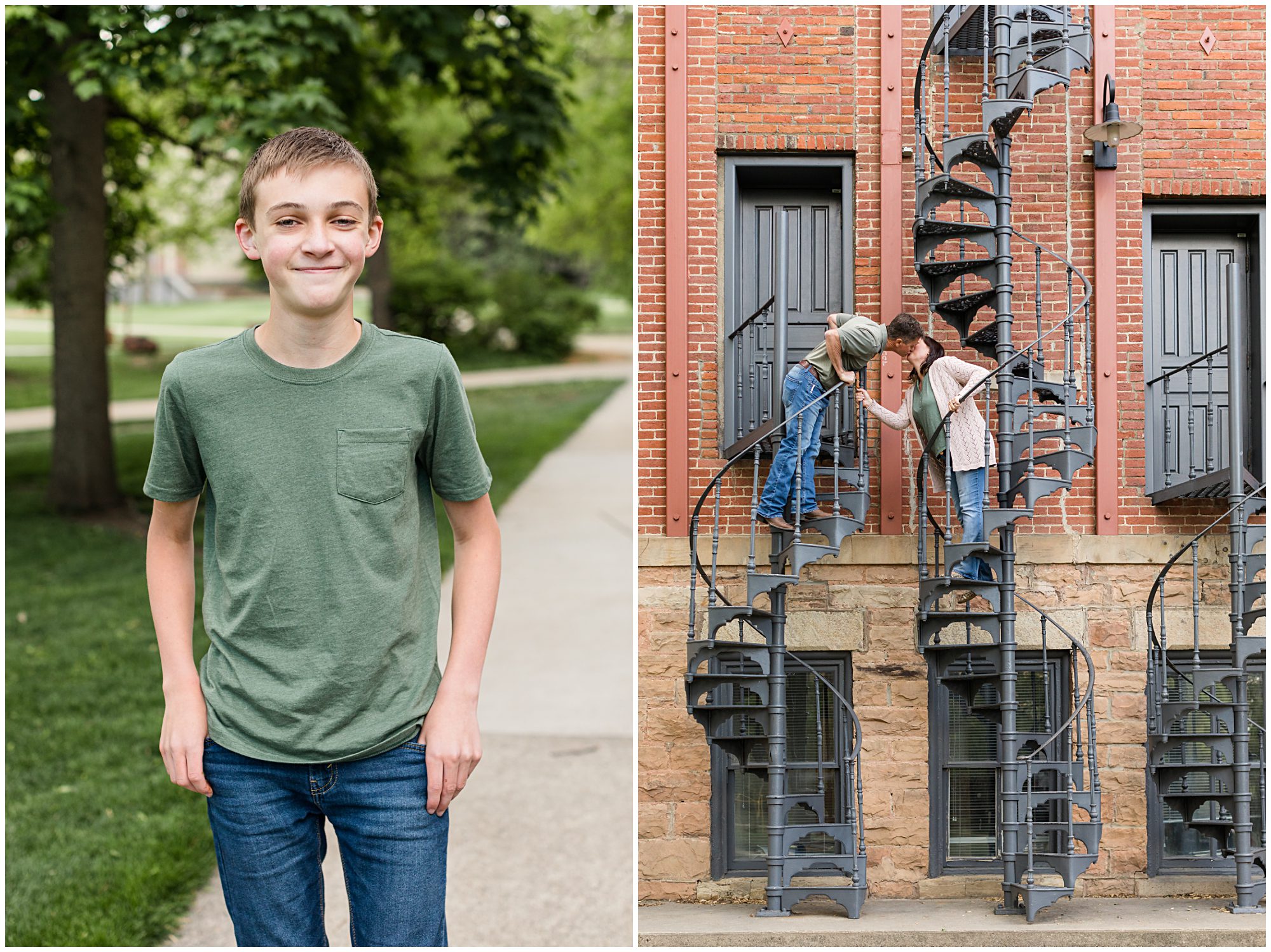 A couple kiss while leaning over the sides of a pair 
of curved iron staircases during a family photo session in Boulder