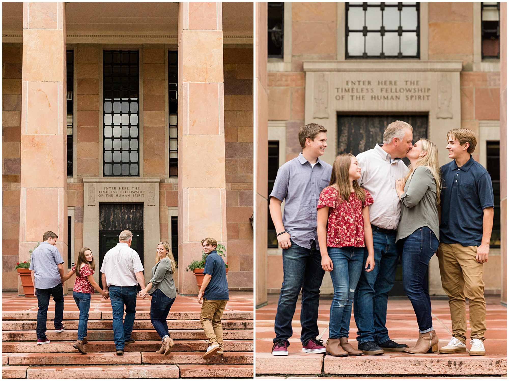 A mother and father share a kiss on the steps of a historic building as their three teenage children look on during their family portrait session