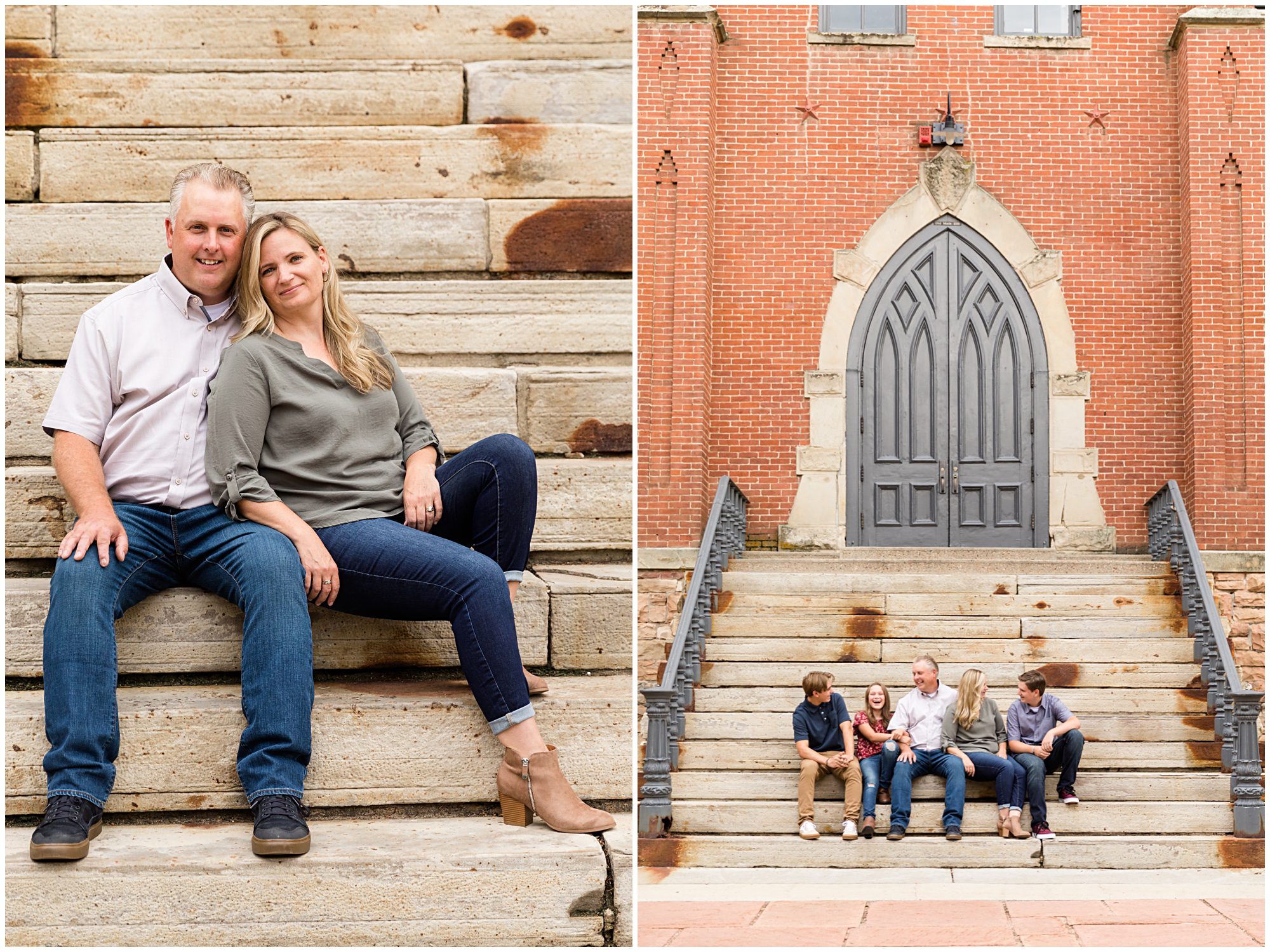 A mother, father, and their three teenage children laugh at each other while seated on stone steps during their family portrait session