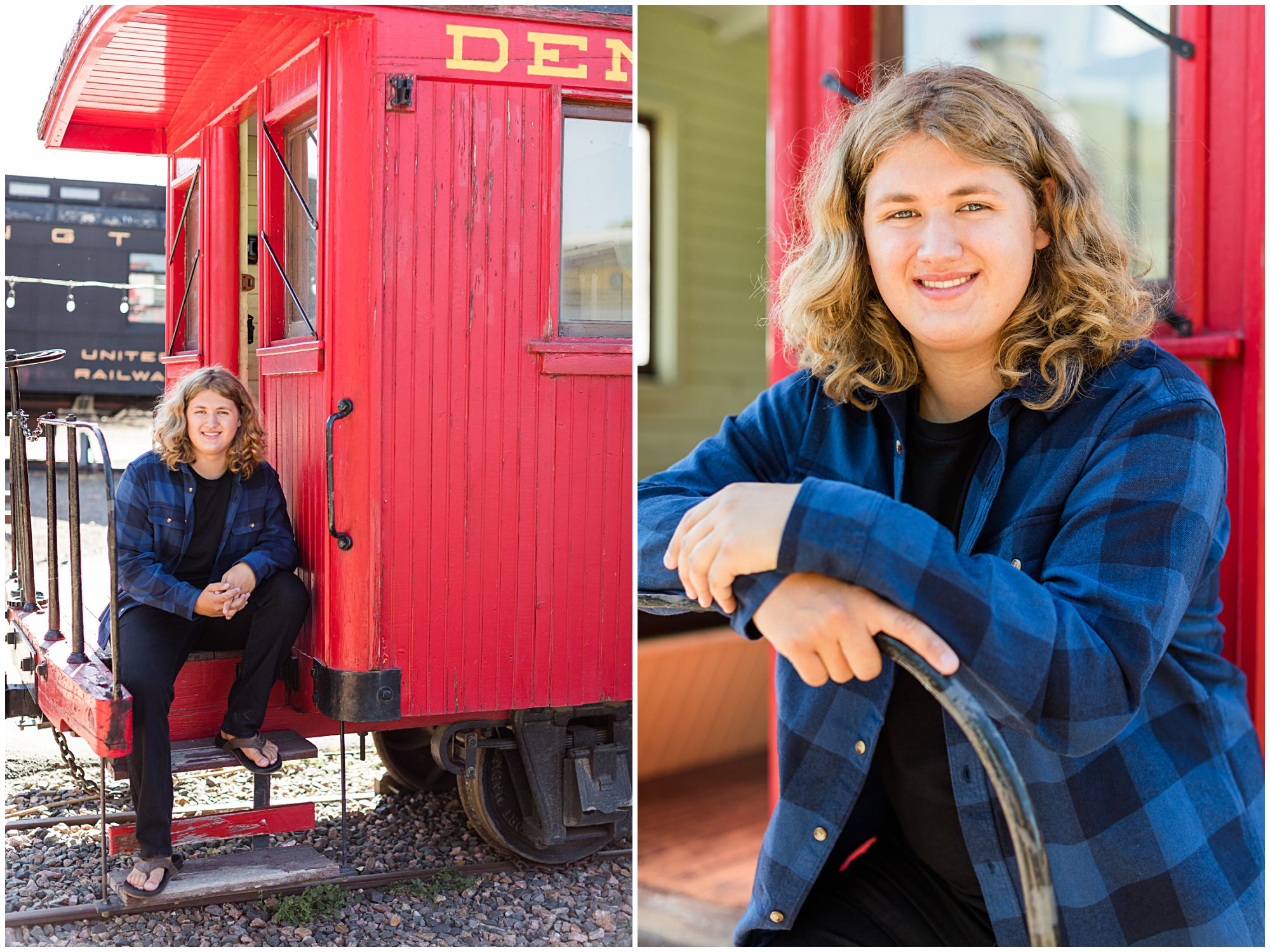 An Erie senior guy standing on a caboose during his senior portrait session