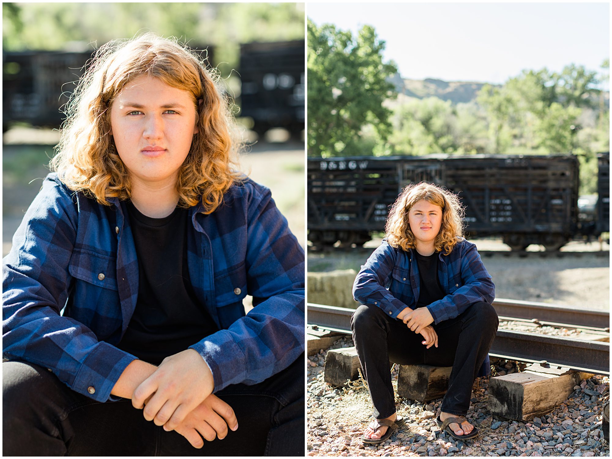 A high school senior guy poses in a railyard during his senior portrait session