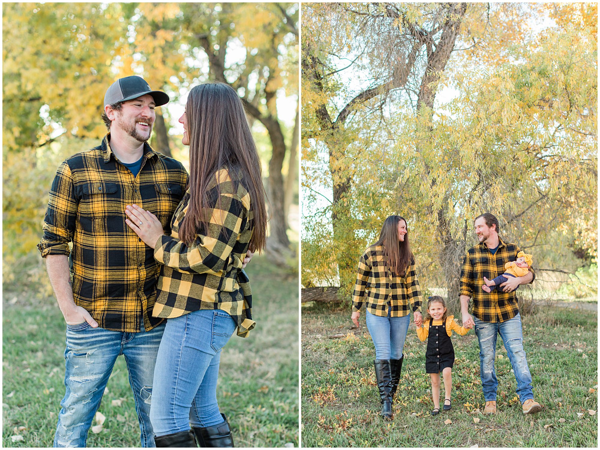 A mother and father smile tenderly at each other as they walk holding their daughter's hands during their family mini session at Thomas Reservoir