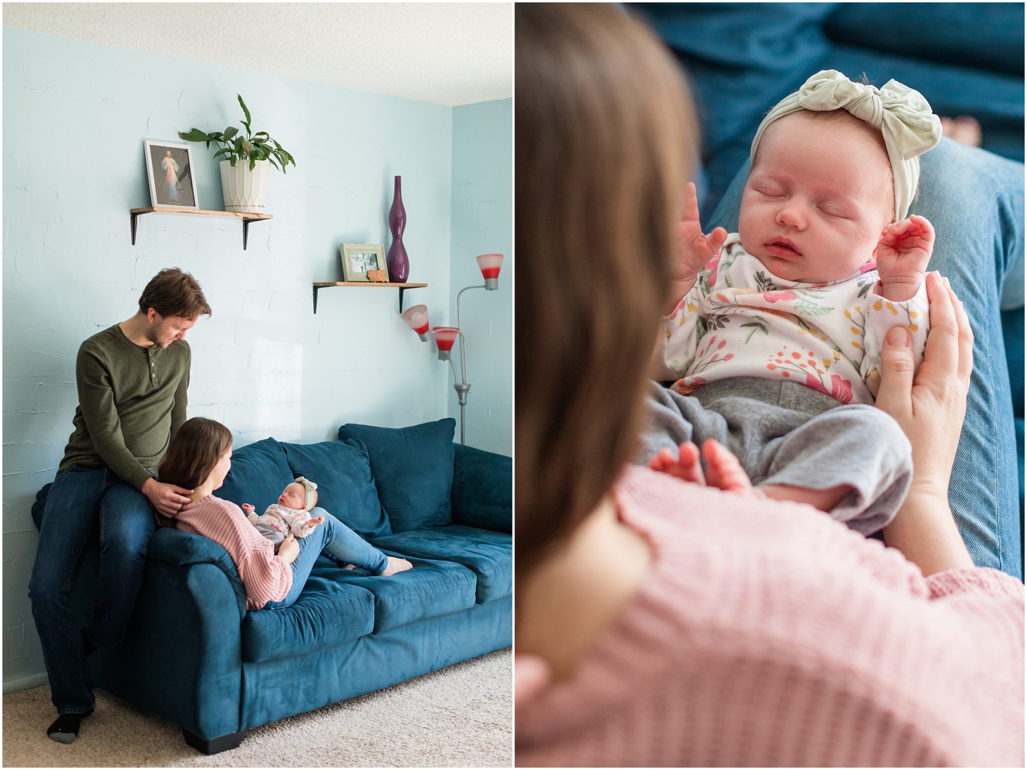 A candid photo of a new mom and dad relaxing on a sofa with their baby girl taken during their in-home newborn session by Theresa Pelser Photography