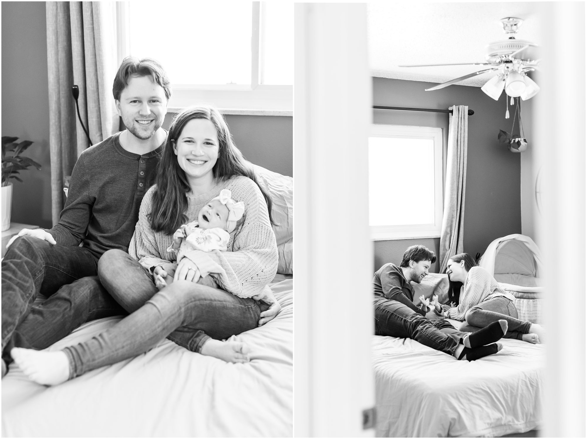 A black and white traditional photo of a new mom and dad with their baby girl smiling at the camera during their in-home newborn session by Theresa Pelser Photography