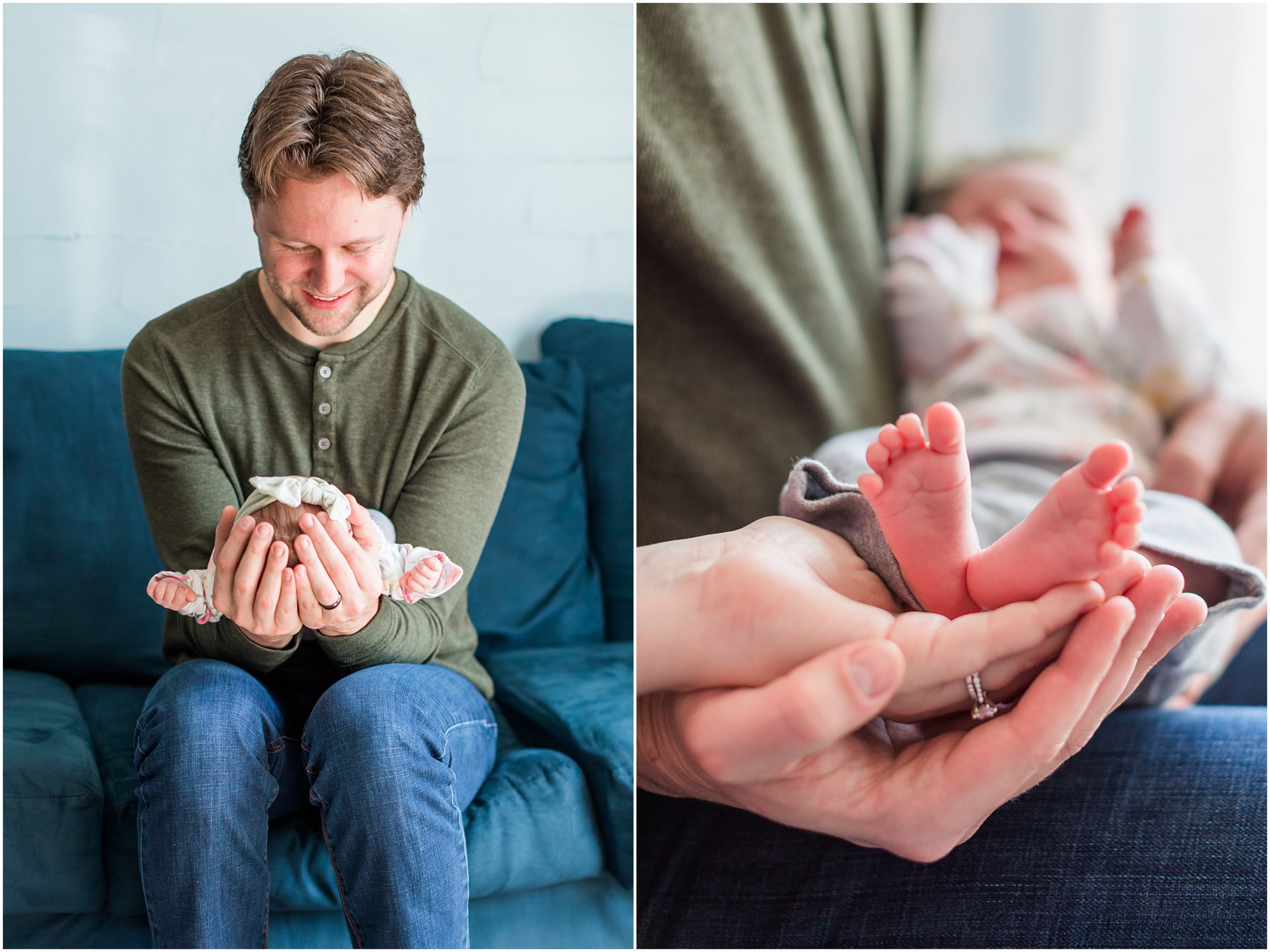 A photo a new dad cradling his sleeping baby girl during an in-home newborn session by Theresa Pelser Photography