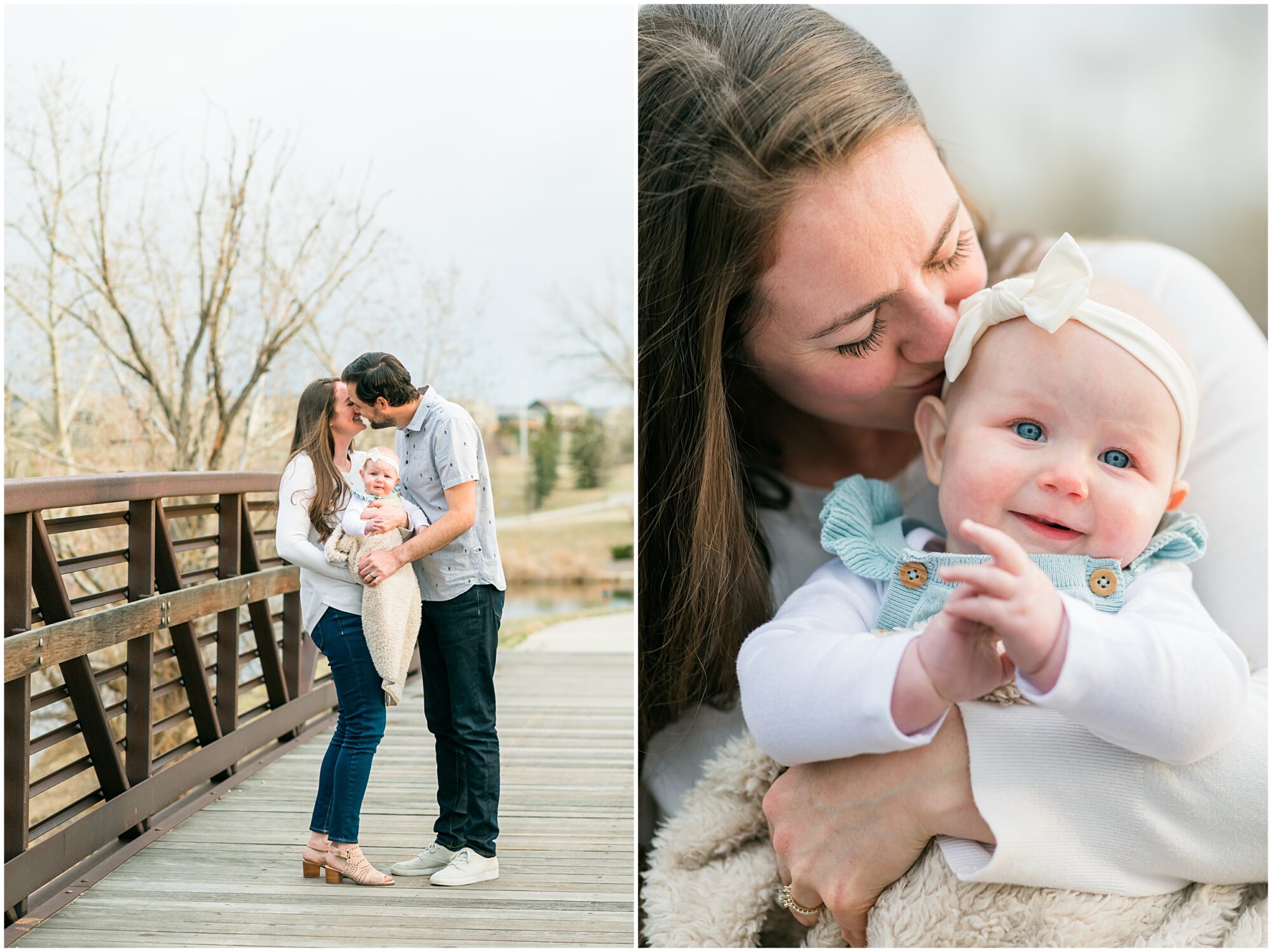 A photo of a mother kissing her smiling baby girl captured during their family session with Theresa Pelser Photography