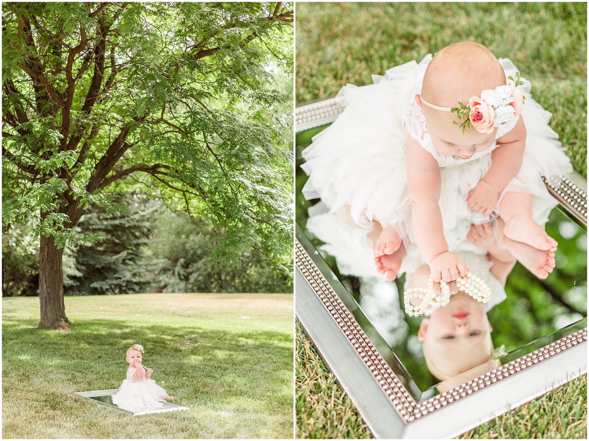 Summer photo sessions tips using pearls and a mirror during a girl's first birthday photo session in Erie Colorado