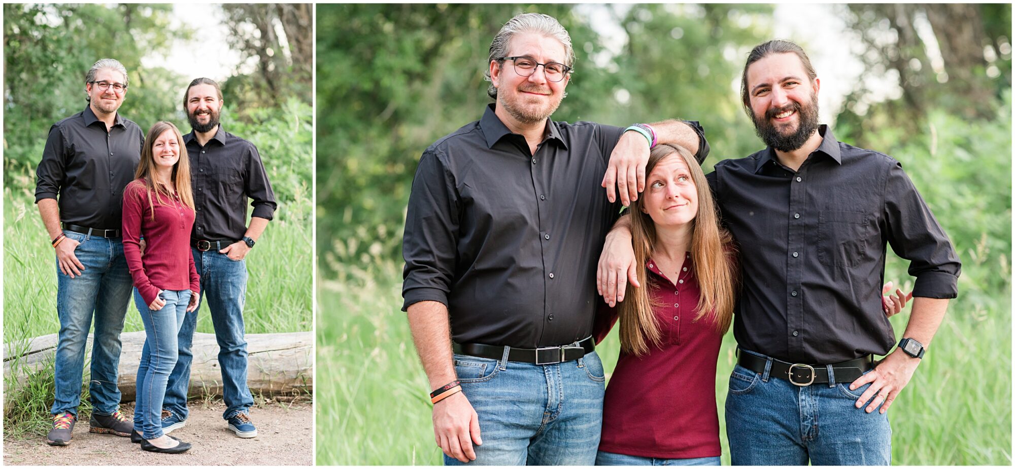 Three adult siblings standing close together, laughing and enjoying a candid moment during their session.
