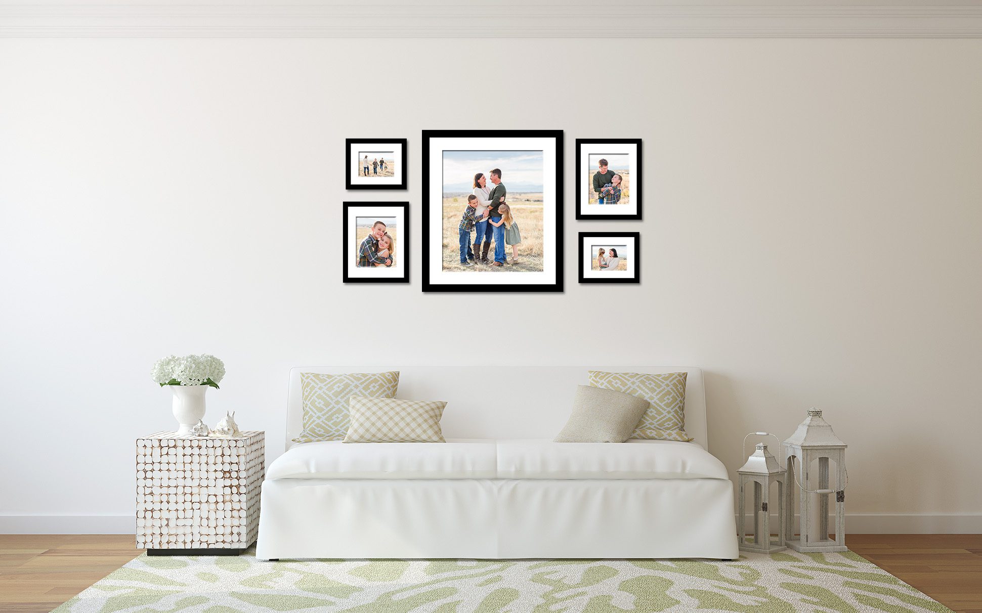 Framed family photos displayed on a living room wall, showcasing different moments from a family photo session captured in Erie, Colorado.