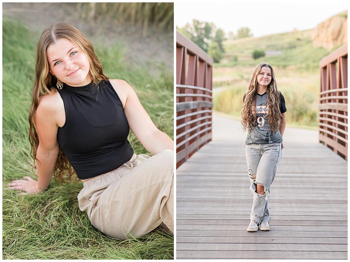 Photos of a senior girl wearing two outfits, a black tank and linen pants and her soccer jersey with jeans during her outdoor session at Sandstone Ranch.