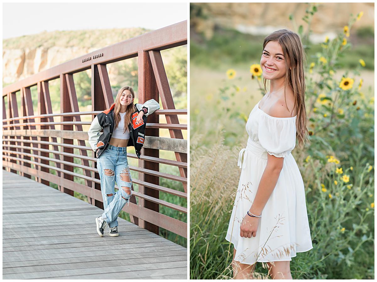 Senior photos of a girl wearing a flowy white dress layered in a field of sunflowers, and wearing a letterman jacket on a bridge at Sandstone Ranch in Longmont, Colorado.