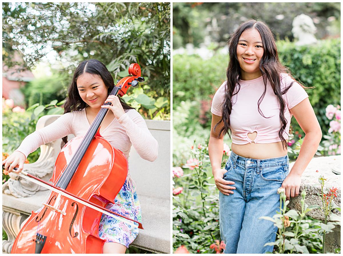 Senior pictures of a girl playing a violin in a floral dress, and standing in a flower garden dressed in jeans and a pink cropped tee.