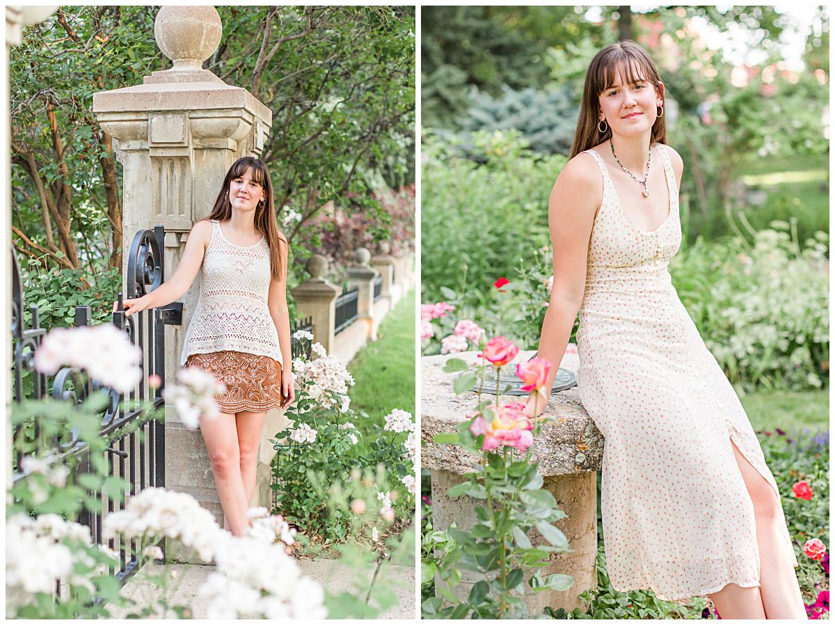Senior photos of a girl in a blush flowy dress with lace details standing in a flower garden, and leaning against an ornate garden wall outside Callahan Garden in Longmont, Colorado.