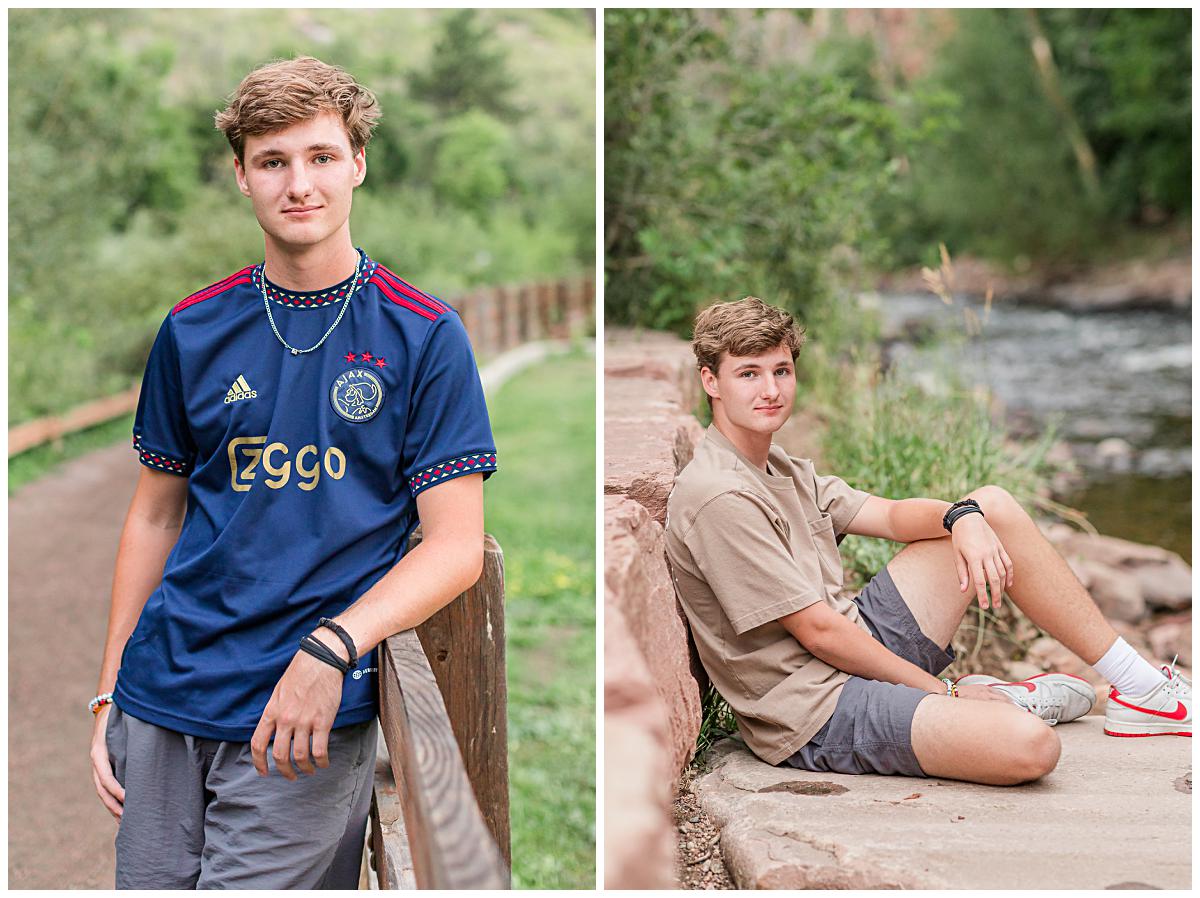 Photos of a senior guy wearing a soccer shirt leaning against a fence, and dressed in casual shirt and shorts sitting on a large boulders.