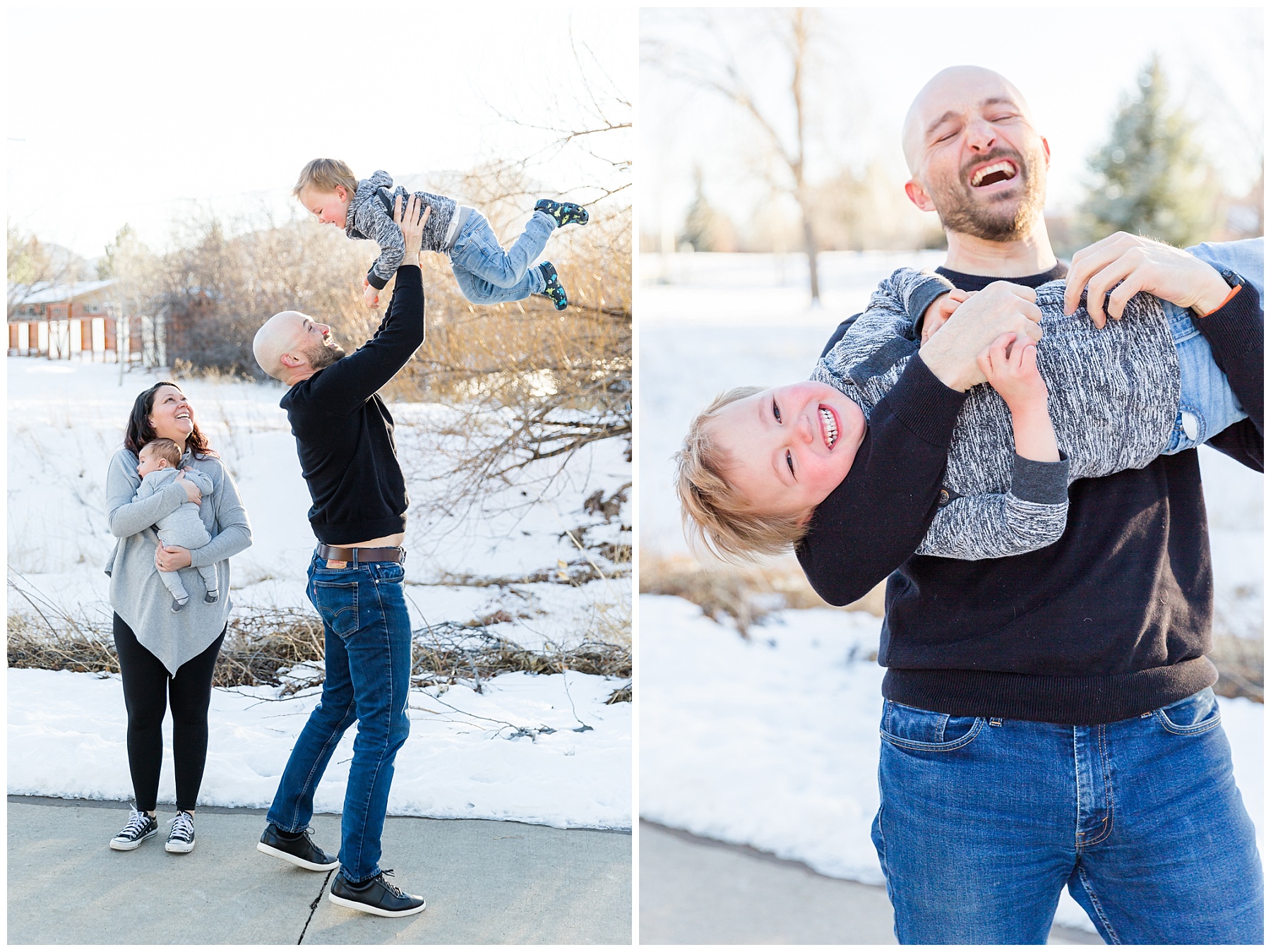 Collage of outdoor family photo moments in Colorado showing a family of four with a young child playing together in winter light, including dad lifting the child in the air and the parents laughing during a relaxed family session.