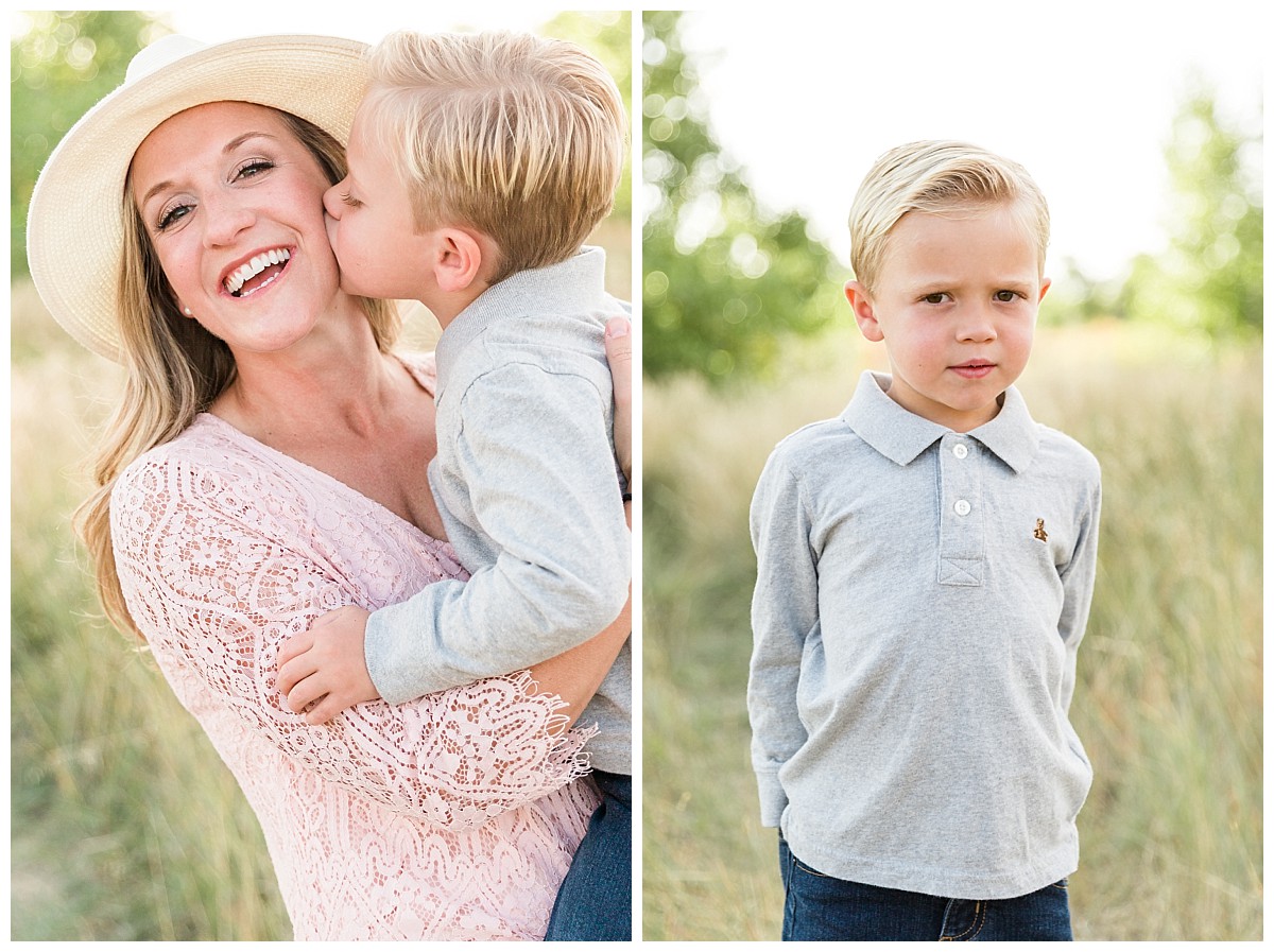 Two photos of a mother and young son: he kisses her cheek in one and stands for a portrait in the other.