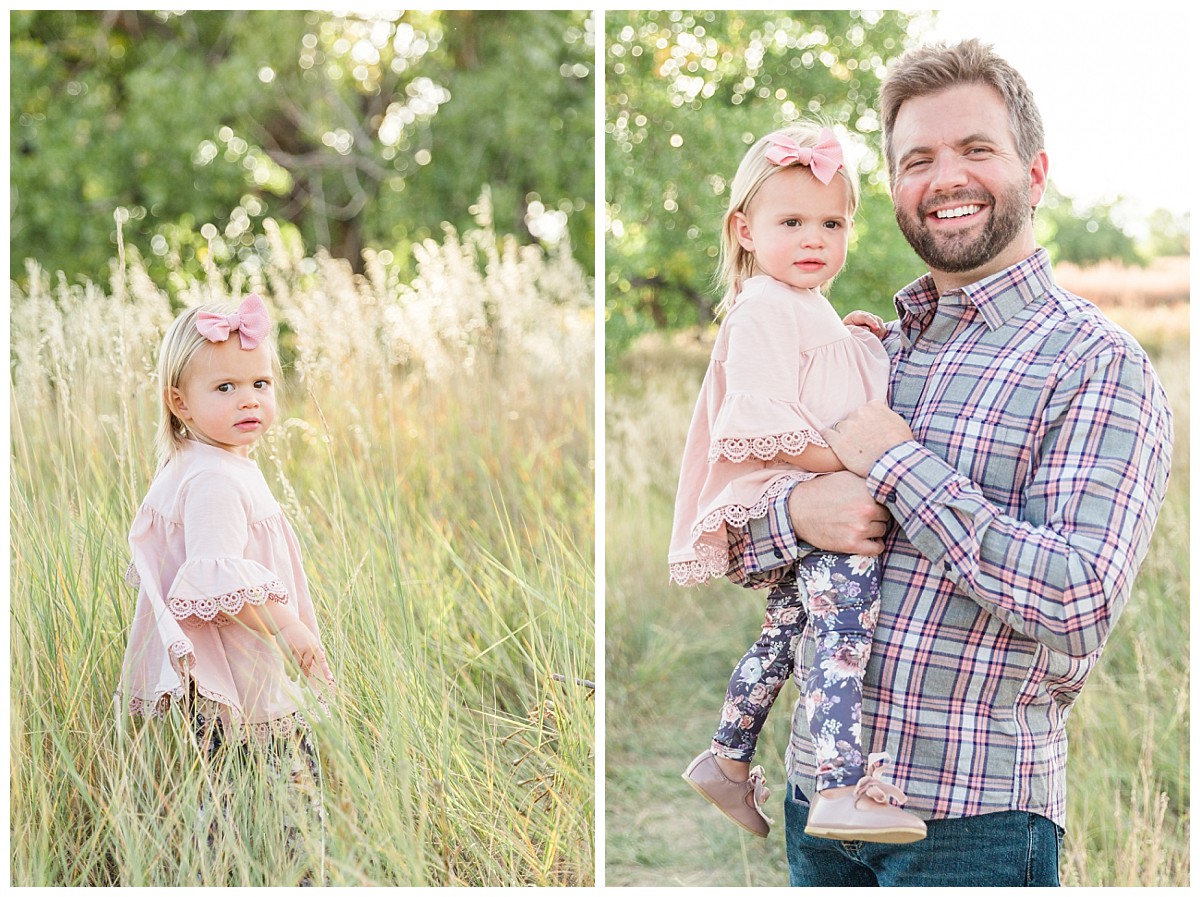 Two photos of a father and young daughter: he holds her in one and she stands alone in tall grass in the other.
